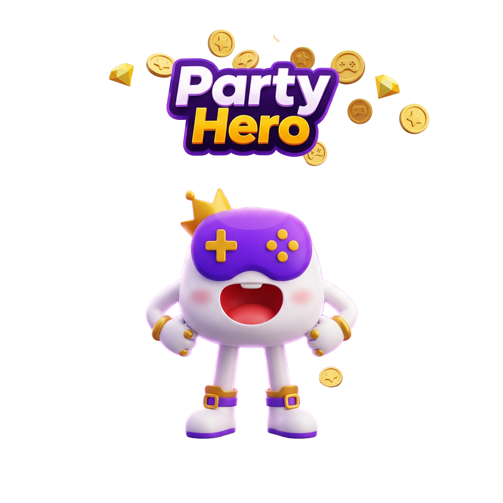Party Hero mascot with floating diamonds and gold coins
